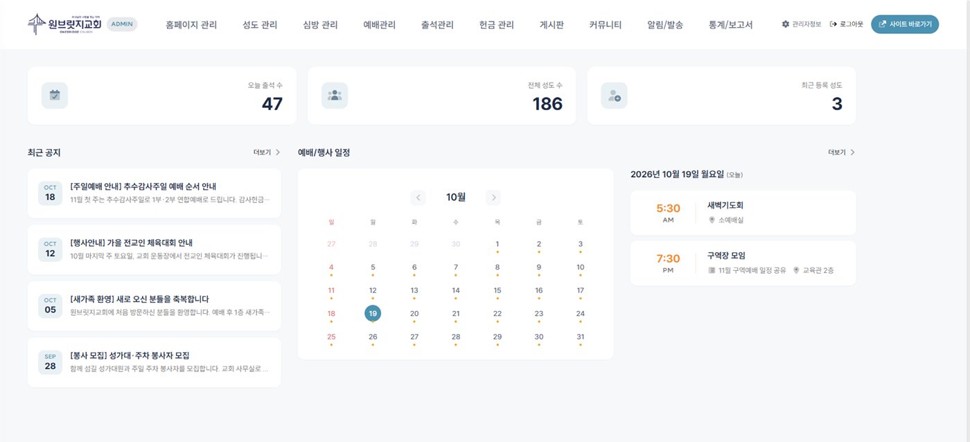 원브릿지 관리자 대시보드 — 오늘 출석 수, 전체 성도 수, 최근 공지와 예배·행사 일정 달력